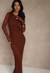 Brązowa Koronkowa Sukienka Typu Longsleeve o Dopasowanym Kroju Zenoresa. Brązowe sukienki Renee, na imprezę, l, bez wzorów, z koronki, eleganckie, bez kołnierzyka, bez ramiączek, dopasowane. Za 129.99 zł.