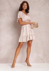 Jasnoróżowa Sukienka Daphophi. Czerwone sukienki Renee, na co dzień, l, bez wzorów, z tkaniny, bez kołnierzyka, bez ramiączek, mini, kopertowe. Za 54.99 zł.