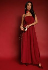Bordowa Marszczona Koktajlowa Sukienka Bandeau z Wiskozą Nalirion. Czerwone sukienki Renee, na imprezę, na lato, m, bez wzorów, z wiskozy, eleganckie, bez kołnierzyka, bez ramiączek, maxi. Za 179.99 zł.