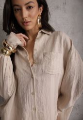 Beżowa Koszula z Wiskozy z Domieszką Lnu ze Strukturalnego Materiału Sewrita. Brązowe koszule Renee, s, bez wzorów, ze lnu, street, bez kołnierzyka, bez ramiączek. Za 99.99 zł.