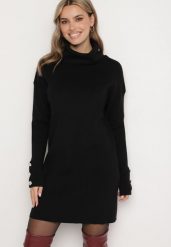 Czarna Sukienka z Golfem Bawełną i Wełną Ozdobiona Guzikami Ilathor. Czarne sukienki Born2be, na co dzień, m, bez wzorów, z bawełny, eleganckie, bez kołnierzyka, bez ramiączek, maxi, kopertowe. Za 84.99 zł.