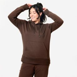 Bluza z kapturem damska Domyos Gym & Pilates. Brązowe bluzy DOMYOS, m, bez wzorów, z bawełny, z kapturem. Za 99.99 zł.