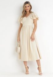 Beżowa Sukienka Midi z Falbanami przy Ramionach Happisa. Brązowe sukienki Born2be, na imprezę, s, bez wzorów, eleganckie, bez kołnierzyka, bez ramiączek, maxi. Za 49.99 zł.