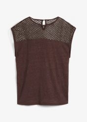 Top z czystego lnu. Brązowe topy bonprix, w ażurowe wzory, ze lnu, bez kołnierzyka, bez ramiączek. Za 99.99 zł.