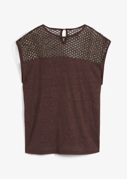 Top z czystego lnu. Czerwone topy bonprix, w ażurowe wzory, ze lnu, bez kołnierzyka, bez ramiączek. Za 64.99 zł.