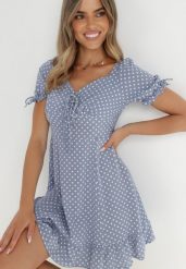Niebieska Sukienka Abin. Niebieskie sukienki Born2be, l, z aplikacjami, vintage, bez kołnierzyka, bez ramiączek, mini. Za 74.99 zł.