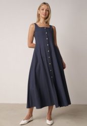 Granatowa Rozkloszowana Sukienka z Bawełną Wiskozą i Guzikami Appeia. Niebieskie sukienki Born2be, na co dzień, m, bez wzorów, z bawełny, klasyczne, bez kołnierzyka, bez ramiączek, maxi, dopasowane. Za 139.99 zł.