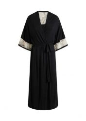 Długi szlafrok kimono z wiskozy z haftem. Czarne szlafroki bonprix, bez wzorów, z koronki, bez ramiączek, bez kaptura. Za 129.99 zł.