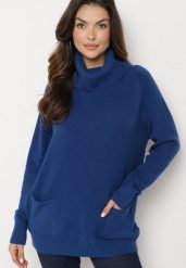 Niebieski Golf z Wiskozą Zdobiony Wsuwanymi Kieszonkami Viaela. Niebieskie golfy Born2be, plus size, z aplikacjami, z jeansu, bez ramiączek. Za 84.99 zł.