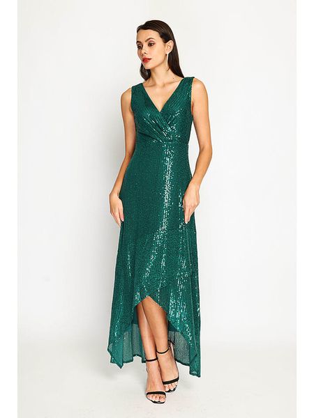 ASSUILI Sukienka w kolorze zielonym rozmiar: 34. Zielone sukienki Assuili, bez wzorów, klasyczne, z asymetrycznym kołnierzem, bez ramiączek, maxi, asymetryczne. Za 195.99 zł.