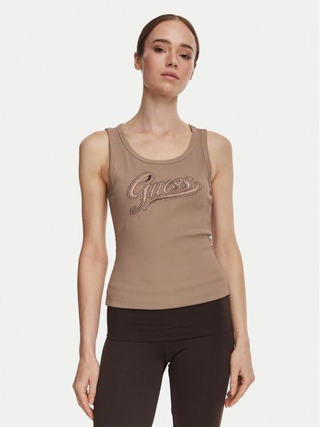 Guess Top W6YP30 K4380 Brązowy jasny Slim Fit. Brązowe topy Guess, xs, z aplikacjami, z syntetyku, bez kołnierzyka, bez ramiączek. Za 194.99 zł.