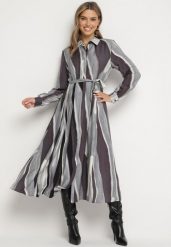 Szara Sukienka w Abstrakcyjny Wzór o Długim Koszulowym Kroju z Gumką i Paskiem w Talii Neriae. Szare sukienki Born2be, do pracy, m, bez wzorów, biznesowe, bez kołnierzyka, bez ramiączek, maxi, koszulowe. Za 74.99 zł.
