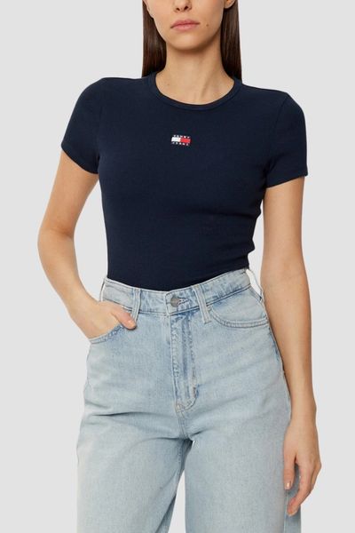 TOMMY JEANS Granatowy t-shirt damski, Rozmiar L. Niebieskie t-shirty Tommy Jeans, l, bez wzorów, z jeansu, bez kołnierzyka, bez ramiączek. W wyprzedaży za 81.99 zł.