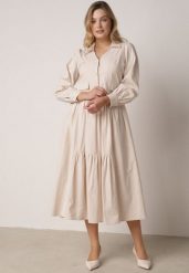 Beżowa Bawełniano-Wiskozowa Sukienka Koszulowa z Imitacją Kieszeni Biriala. Brązowe sukienki Born2be, na co dzień, l, bez wzorów, z bawełny, eleganckie, bez kołnierzyka, bez ramiączek, maxi, koszulowe. Za 149.99 zł.