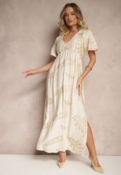 Beżowa Rozkloszowana Sukienka z Wiskozy Ozdobiona Haftowanymi Liśćmi Tirvesa. Brązowe sukienki Renee, na co dzień, na lato, l, bez wzorów, z wiskozy, eleganckie, bez kołnierzyka, bez ramiączek, maxi, rozkloszowane. Za 99.99 zł.