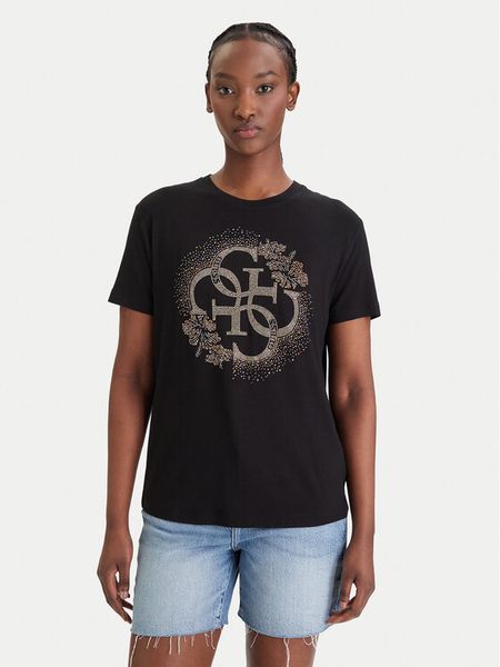 Guess T-Shirt E6GI01 K68D2 Czarny Regular Fit. Czarne t-shirty Guess, s, z aplikacjami, z wiskozy, bez kołnierzyka, bez ramiączek. Za 124.99 zł.