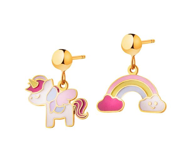Złote kolczyki z emalią - jednorożec, tęcza, chmurki. Żółte kolczyki Apart, złote. Za 1,199.00 zł.