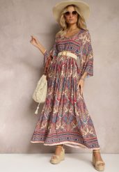 Jasnobeżowa Rozkloszowana Sukienka we Wzór Paisley z Rękawem 3/4 Briarwa. Brązowe sukienki Renee, l, bez wzorów, eleganckie, bez kołnierzyka, bez ramiączek, maxi, rozkloszowane. Za 74.99 zł.