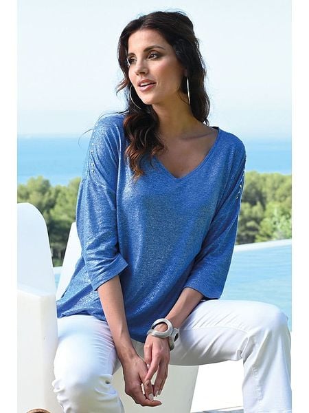 Bleu d'Azur Koszulka "Minaur" w kolorze niebieskim rozmiar: 32/34. Niebieskie bluzki Bleu d'Azur, w ażurowe wzory, klasyczne, bez kołnierzyka, bez ramiączek. Za 92.42 zł.