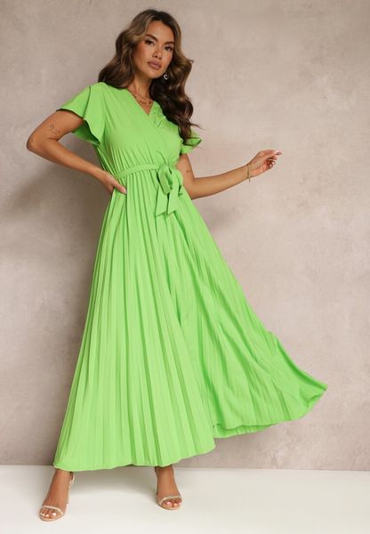 Zielona Koktajlowa Maxi Sukienka Ozdobiona Plisami z Trójkątnym Dekoltem i Wiązaniem w Talii Phoelia. Zielone sukienki Renee, na imprezę, l, bez wzorów, eleganckie, bez kołnierzyka, bez ramiączek, maxi. Za 89.99 zł.