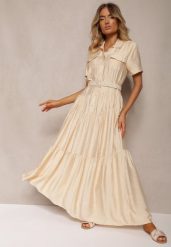 Beżowa Rozkloszowana Sukienka z Paskiem w Talii Vimalise. Brązowe sukienki Renee, na imprezę, l, bez wzorów, eleganckie, bez kołnierzyka, bez ramiączek, maxi, rozkloszowane. Za 129.99 zł.