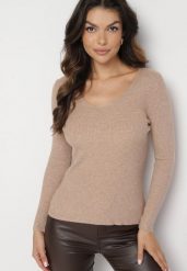 Ciemnobeżowy Sweter Prążkowany z Trójkątnym Dekoltem Vorila. Brązowe swetry Born2be, s, bez wzorów, prążkowane, bez ramiączek. Za 39.99 zł.
