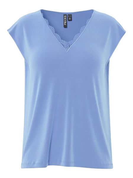 Pieces Koszulka "Kamala" w kolorze błękitnym rozmiar: L. Niebieskie bluzki Pieces, l, bez wzorów, z koronki, bez kołnierzyka, bez ramiączek. Za 69.95 zł.