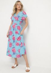 Niebieska Kopertowa Sukienka z Bawełną w Kwiaty Tdivana. Niebieskie sukienki Born2be, na imprezę, na lato, l, bez wzorów, z bawełny, eleganckie, bez kołnierzyka, bez ramiączek, midi, kopertowe. Za 64.99 zł.