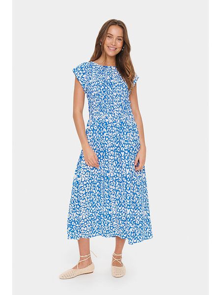 SAINT TROPEZ Sukienka "Gisla" w kolorze niebiesko-białym rozmiar: M. Białe sukienki Saint Tropez, na imprezę, m, bez wzorów, z wiskozy, klasyczne, bez kołnierzyka, bez ramiączek, maxi, rozkloszowane. Za 192.33 zł.