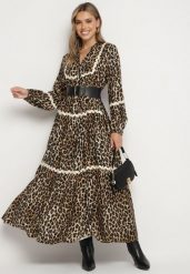 Brązowa Sukienka w Panterkę w Stylu Retro z Ozdobnymi Lamówkami Zetizia. Brązowe sukienki Born2be, l, bez wzorów, z materiału, retro, bez kołnierzyka, bez ramiączek, maxi. Za 149.99 zł.
