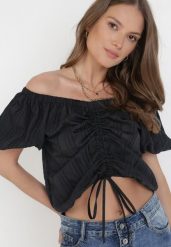 Czarna Bluzka Aethenis. Czarne bluzki Born2be, s, bez wzorów, z jeansu, bez kołnierzyka, bez ramiączek. W wyprzedaży za 59.49 zł.
