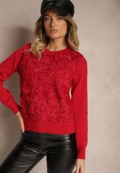 Czerwony Sweter z Wiskozą Ozdobiony Aplikacjami z Siateczki Harilia. Czerwone swetry Renee, z aplikacjami, z jeansu, bez ramiączek. Za 129.99 zł.