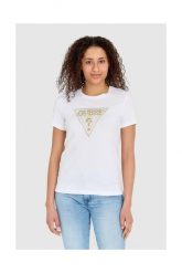 GUESS Biały t-shirt damski ze złotym haftowanym cyrkoniami logotypem slim fit, Rozmiar S. Białe t-shirty Guess, s, z aplikacjami, bez kołnierzyka, bez ramiączek. W wyprzedaży za 169.99 zł.