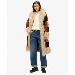 Damski długi płaszcz Superdry Afghan Patchwork. Brązowe płaszcze Superdry, bez wzorów, bez kaptura. W wyprzedaży za 1,017.20 zł.