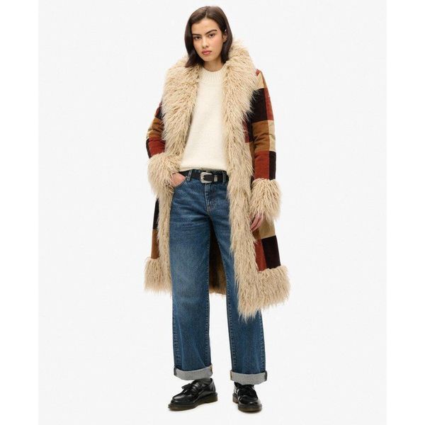 Damski długi płaszcz Superdry Afghan Patchwork. Brązowe płaszcze Superdry, bez wzorów, bez kaptura. W wyprzedaży za 1,020.40 zł.