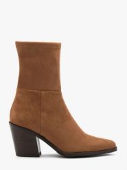 Brązowe wyższe botki z tkaniny na słupku. Brązowe botki Ryłko, bez wzorów, z tkaniny, bez obcasa, na obcasie, bez zapięcia. Za 479.99 zł.