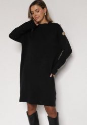 Czarna Sweterkowa Sukienka Pudełkowa Ozdobiona z Boku Guzikami Tustina. Czarne sukienki Born2be, na co dzień, bez wzorów, z dzianiny, eleganckie, bez kołnierzyka, bez ramiączek, proste. Za 109.99 zł.