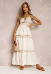 Jasnobeżowa Sukienka Ianina. Brązowe sukienki Renee, m, bez wzorów, z bawełny, eleganckie, bez kołnierzyka, bez ramiączek, maxi, rozkloszowane. Za 154.99 zł.