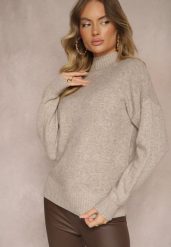 Ciemnobeżowy Golf Sweter z Tłoczeniem i Ściągaczami Melovira. Brązowe golfy Renee, z aplikacjami, z jeansu, bez ramiączek. Za 89.99 zł.