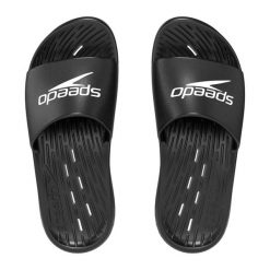 Klapki basenowe antypoślizgowe damskie Speedo Slides. Czarne klapki Speedo, bez wzorów, bez obcasa. Za 99.99 zł.