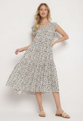 Beżowo-Granatowa Bawełniana Sukienka o Rozkloszowanym Kroju z Falbanami i Dekoltem w Serek Ifforine. Brązowe sukienki Born2be, na co dzień, l, bez wzorów, z bawełny, eleganckie, bez kołnierzyka, bez ramiączek, midi, rozkloszowane. Za 49.99 zł.