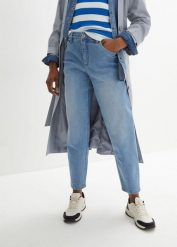 Jeansy barrel, wysoki stan, krótsza długość. Niebieskie jeansy bonprix, bez wzorów, z podwyższonym stanem. Za 134.99 zł.