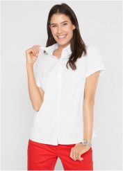 Taliowana bluzka z krótkim rękawem z mieszanki bawełny ze stretchem. Białe bluzki bonprix, bez wzorów, z bawełny, bez kołnierzyka, bez ramiączek. Za 79.99 zł.