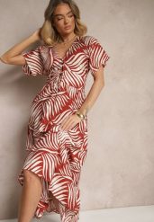 Czerwona Sukienka Wiskozowa o Rozkloszowanym Kroju w Liściasty Wzór Beledia. Czerwone sukienki Renee, do pracy, na lato, l, bez wzorów, z wiskozy, biznesowe, bez kołnierzyka, bez ramiączek, maxi, rozkloszowane. Za 59.99 zł.