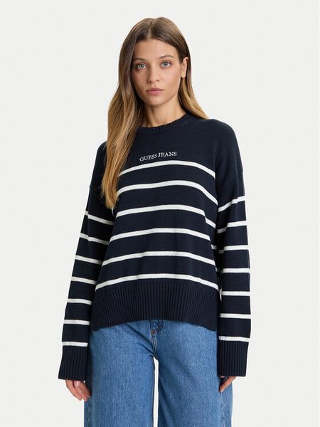 Guess Jeans Sweter W5BR03 Z3HM1 Granatowy Relaxed Fit. Niebieskie swetry Guess Jeans, l, z aplikacjami, z bawełny, bez ramiączek. Za 239.99 zł.
