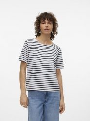 Vero Moda Koszulka "Abby" w kolorze granatowo-kremowym rozmiar: S. Brązowe bluzki Vero Moda, s, bez wzorów, bez kołnierzyka, bez ramiączek. Za 28.71 zł.