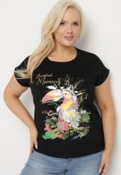 Czarny T-shirt z Bawełny z Nadrukiem i Metalicznym Napisem Norsemi. Czarne t-shirty Born2be, xl, bez wzorów, z bawełny, bez kołnierzyka, bez ramiączek. Za 34.99 zł.
