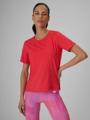 4F Koszulka treningowa loose szybkoschnąca damska - koralowa XXL. Czerwone bluzki 4f, xxl, bez wzorów, z materiału, klasyczne, bez kołnierzyka, bez ramiączek. Za 79.99 zł.