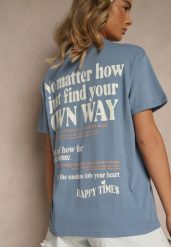 Niebieski T-shirt z Bawełny o Kroju Oversize Fillinea. Niebieskie t-shirty Renee, l, z aplikacjami, z bawełny, bez kołnierzyka, bez ramiączek. W wyprzedaży za 62.99 zł.