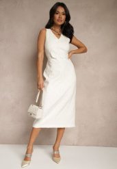 Jasnobeżowa Sukienka z Lnem o Taliowanym Kroju z Imitacją Kamizelki z Cekinami Rosarienna. Brązowe sukienki Renee, l, z aplikacjami, eleganckie, bez kołnierzyka, bez ramiączek, midi. Za 159.99 zł.